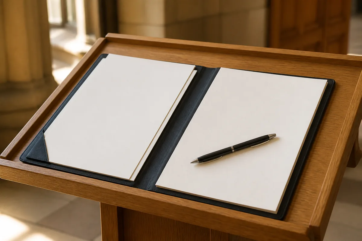 Pupitre d’audience en bois clair avec un dossier ouvert et des notes manuscrites