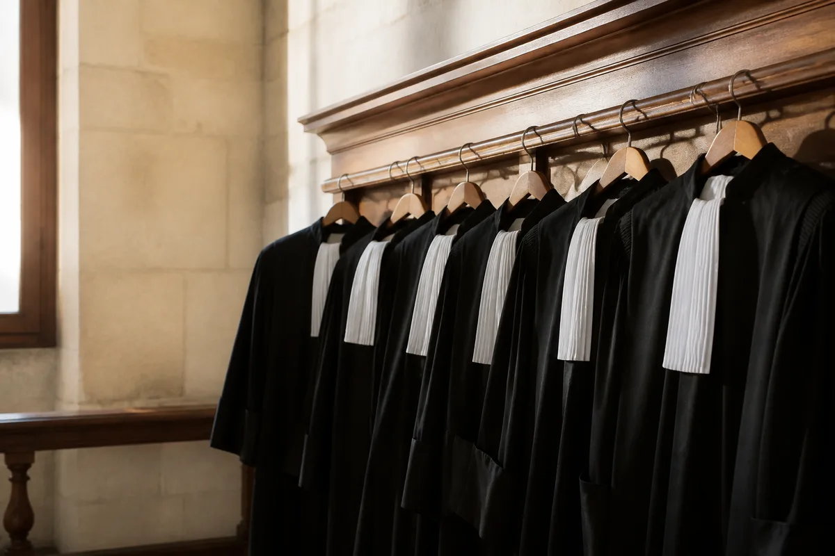 Rangée de robes noires d’avocats suspendues dans un vestiaire de palais de justice