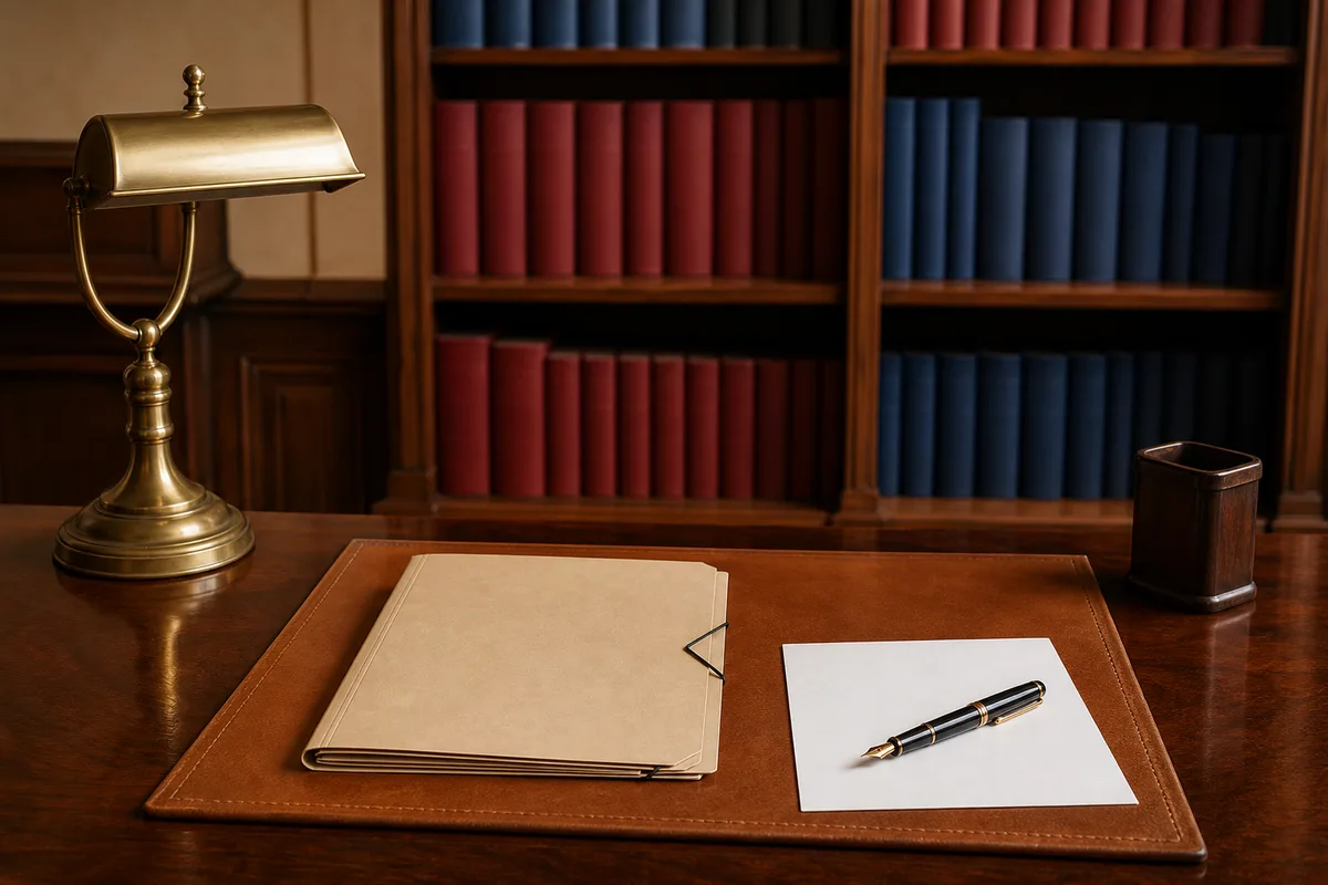 Bureau d’office notarial français, sous-main en cuir et dossier fermé