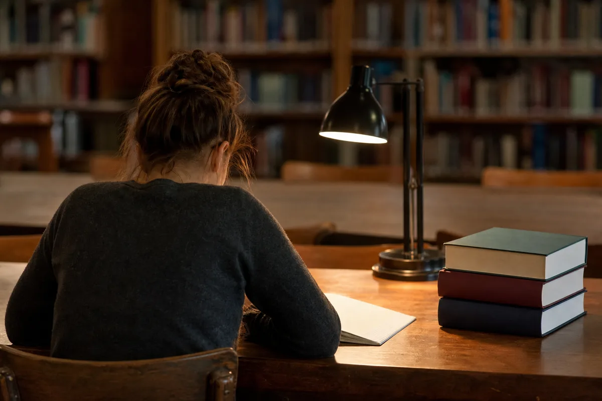Étudiante de dos travaillant à une table de bibliothèque avec des manuels