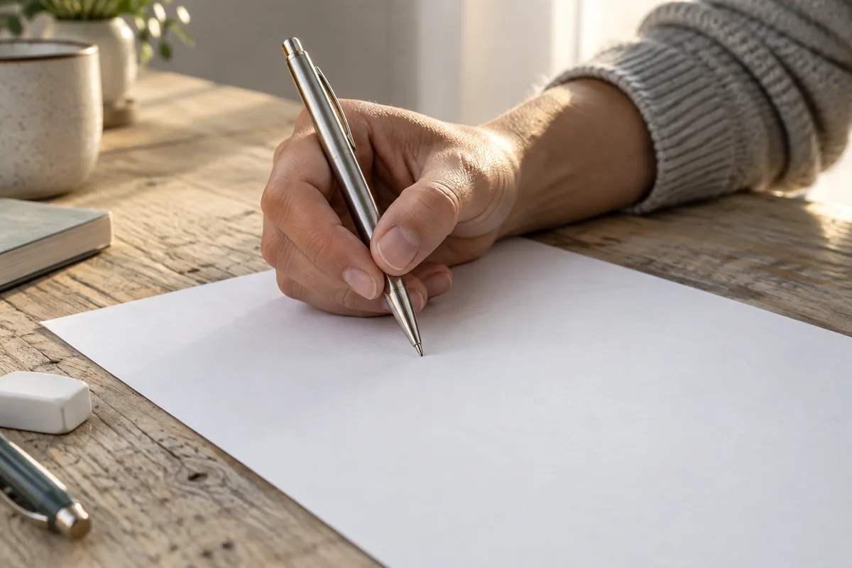 Main tenant un stylo au-dessus d&rsquo;une feuille vierge posée sur une table de travail
