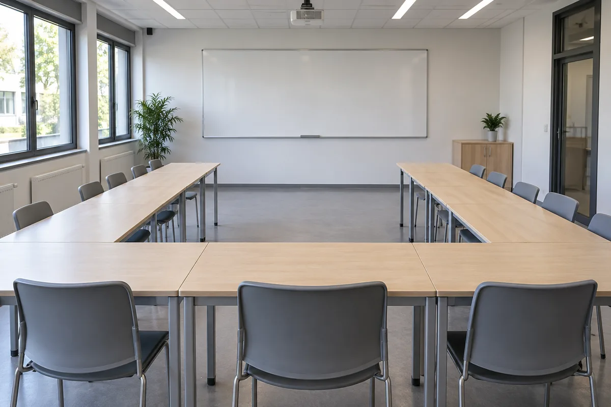Salle de travaux dirigés vide avec des tables disposées en U devant un tableau blanc