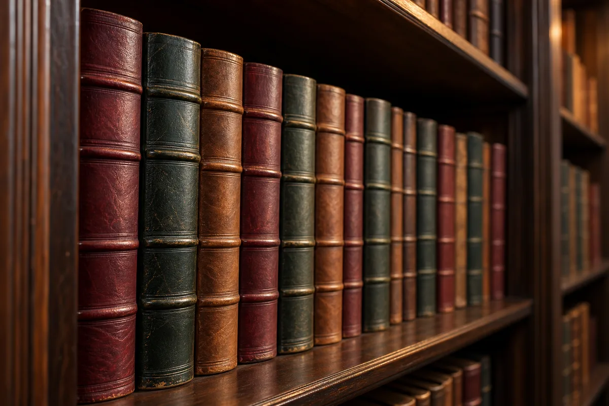 Rayonnage de bibliothèque de droit vu de côté avec des reliures alignées