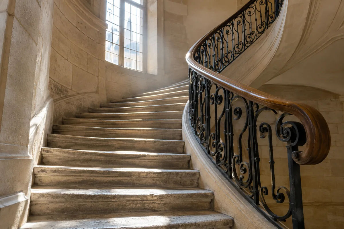 Escalier de pierre d&rsquo;un bâtiment universitaire ancien avec une rampe en fer forgé