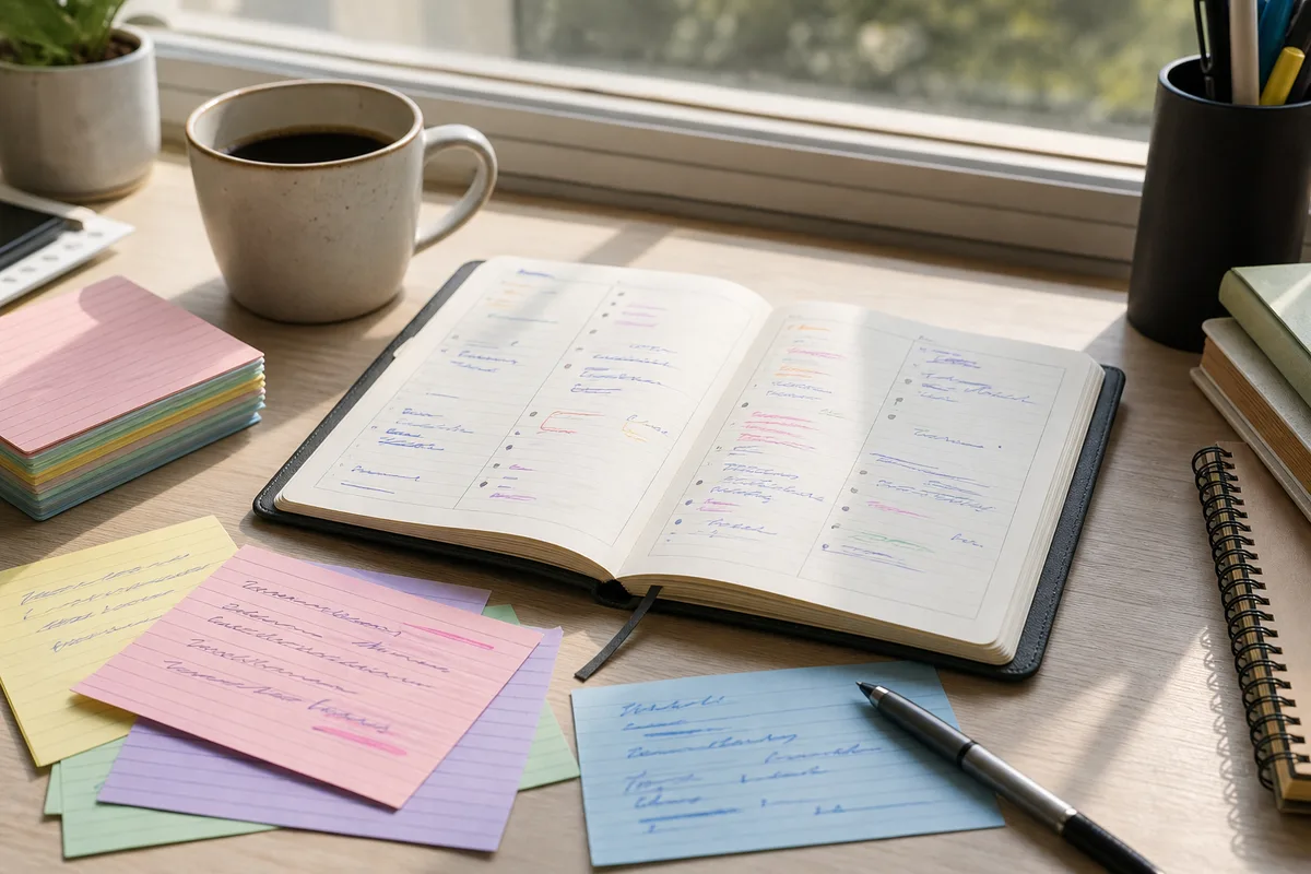 Agenda hebdomadaire annoté et carnet de révisions posés près d&rsquo;une fenêtre