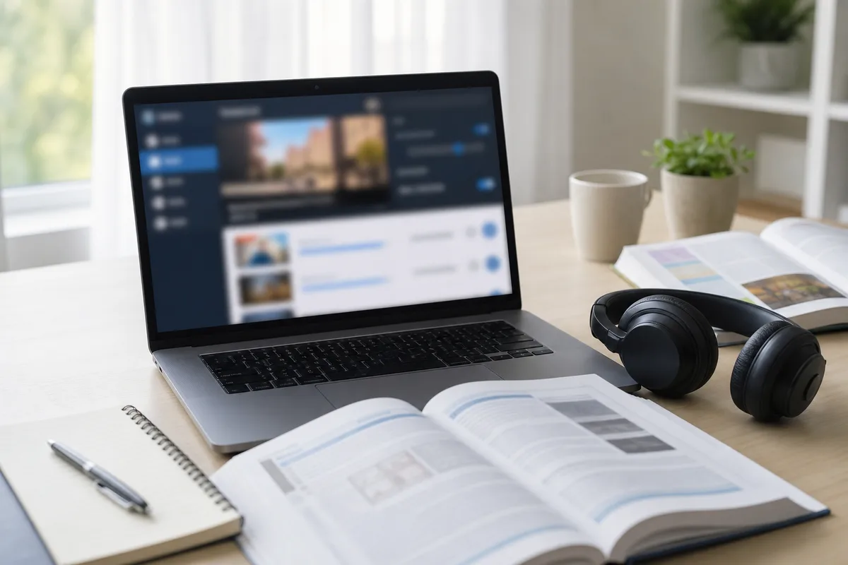 Ordinateur portable affichant une plateforme de cours à côté de manuels ouverts