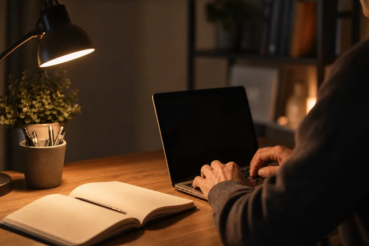 Adulte en reconversion révisant le soir dans un espace de travail calme