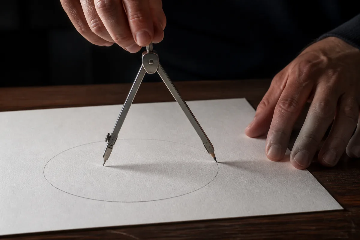 Compas métallique traçant un cercle sur une feuille blanche posée sur une table
