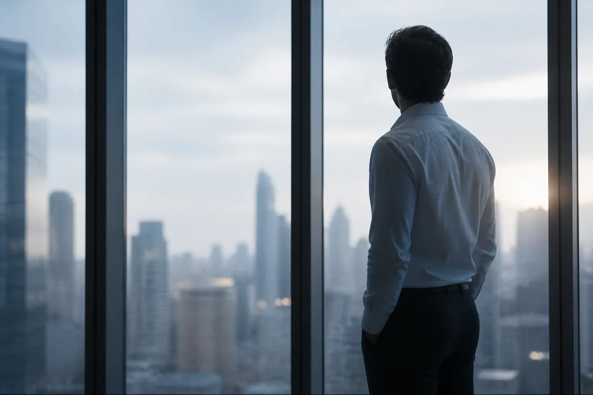 Personne de trois-quarts dos devant une fenêtre de bureau au petit matin