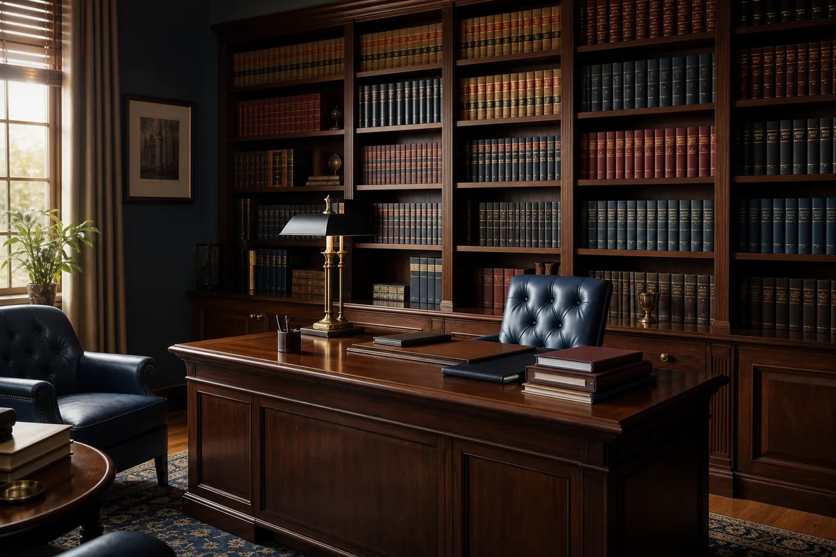 Cabinet d’avocat sobre avec bibliothèque juridique et bureau ordonné