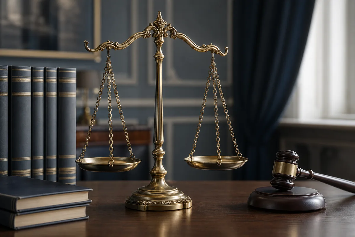 Balance de la justice posée près de codes de droit reliés