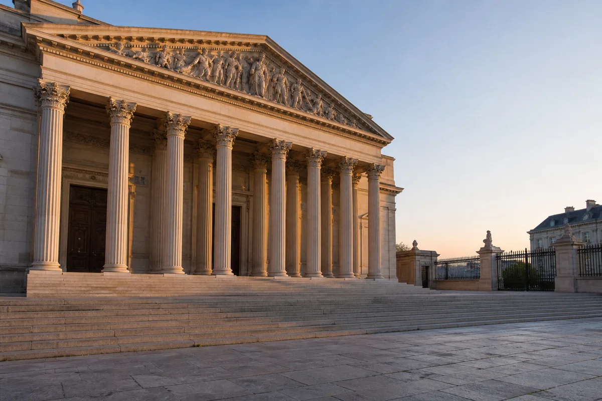 Façade d’un palais de justice français en pierre claire au lever du jour
