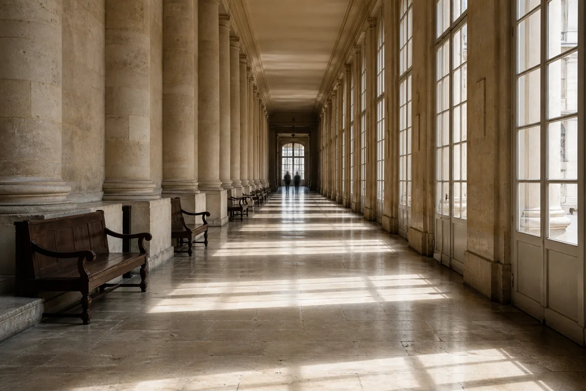 Couloir clair d’un bâtiment institutionnel européen avec colonnes et silhouettes floues au loin