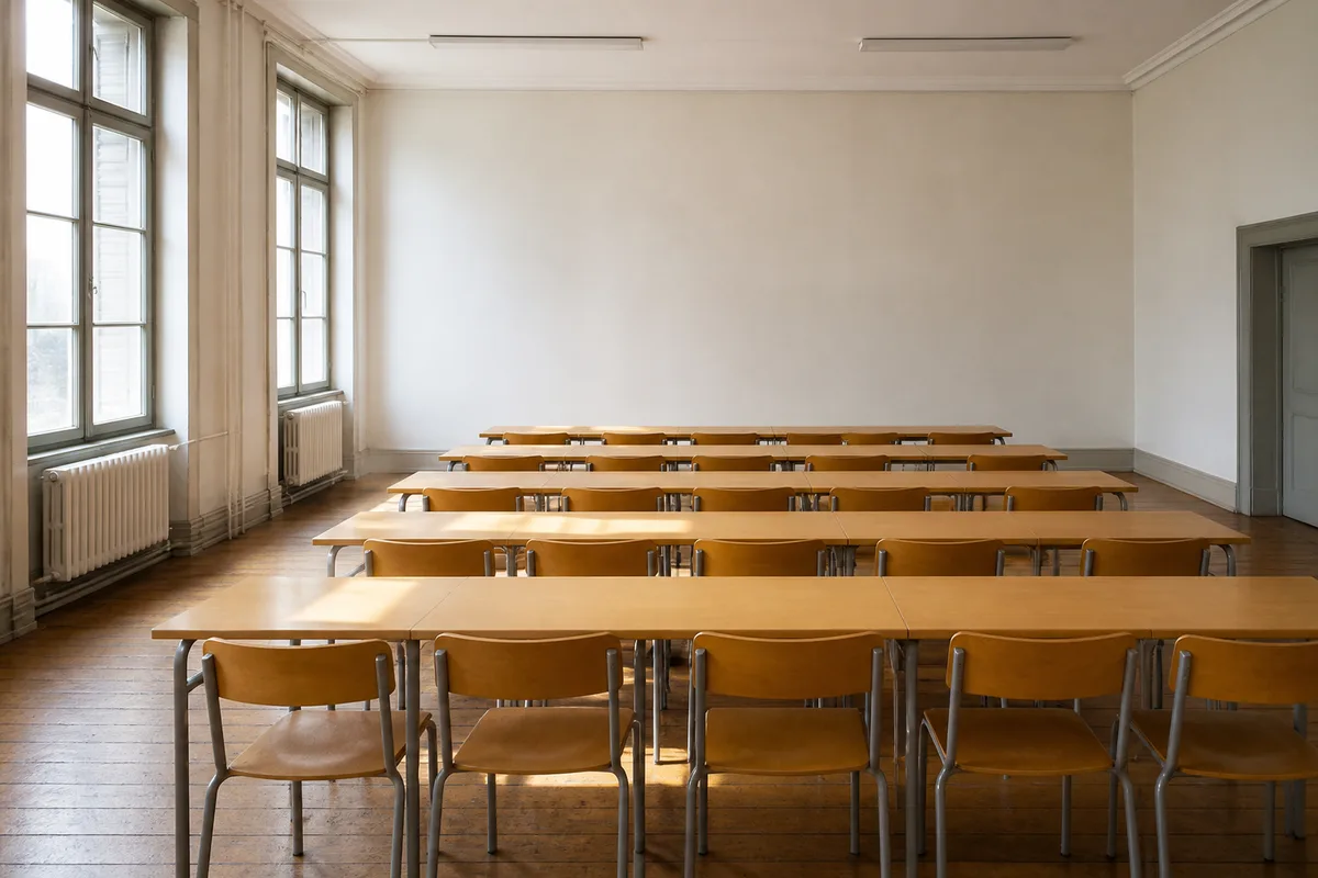 Salle de travaux dirigés vide avec chaises alignées et lumière naturelle