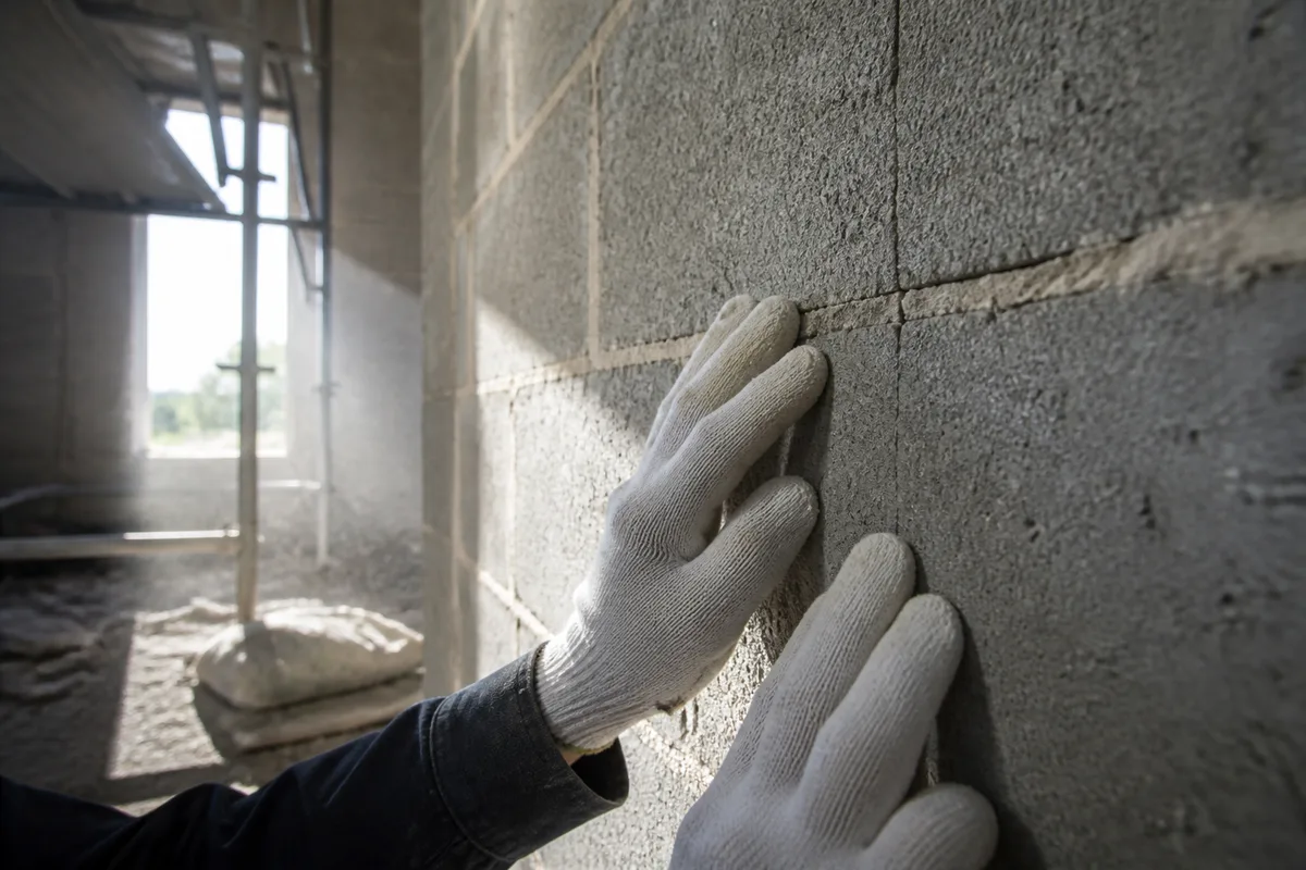 Mains gantées suivant une fissure sur un mur de parpaings en chantier