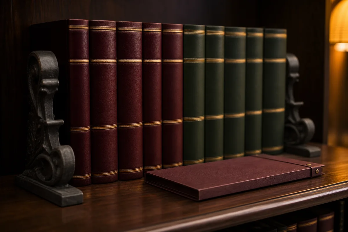 Ouvrages juridiques reliés alignés sur l’étagère d’un cabinet d’avocats
