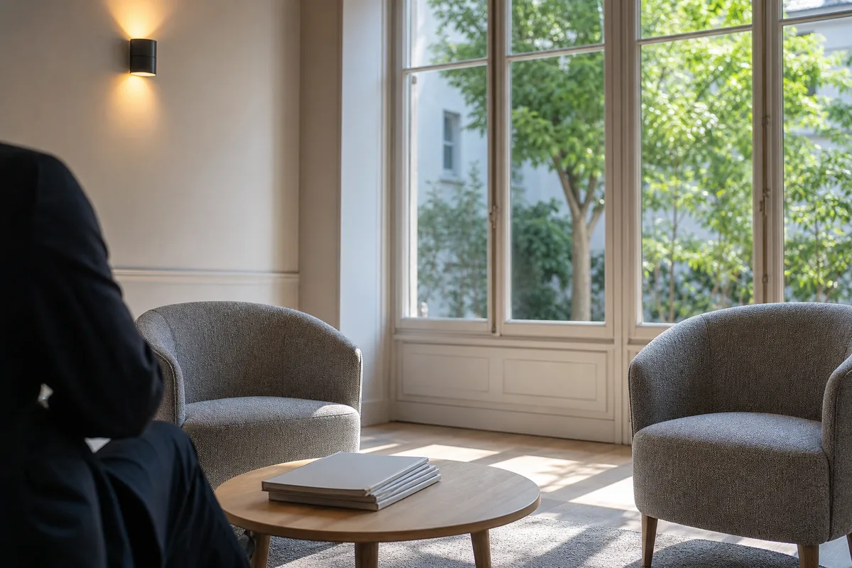 Salle d’attente sobre d’un cabinet juridique avec fauteuils et lumière naturelle