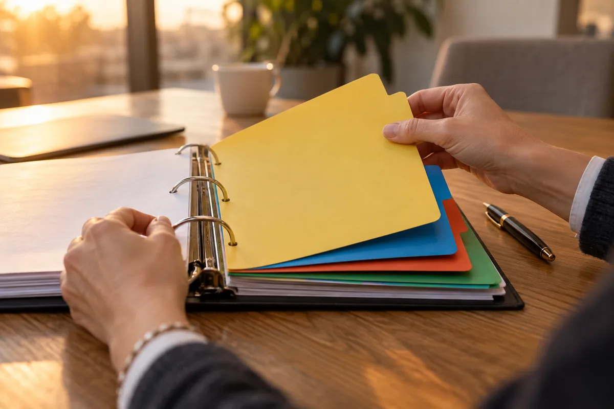 Mains tournant les intercalaires de couleurs unies d&rsquo;un classeur à anneaux sur une table de réunion