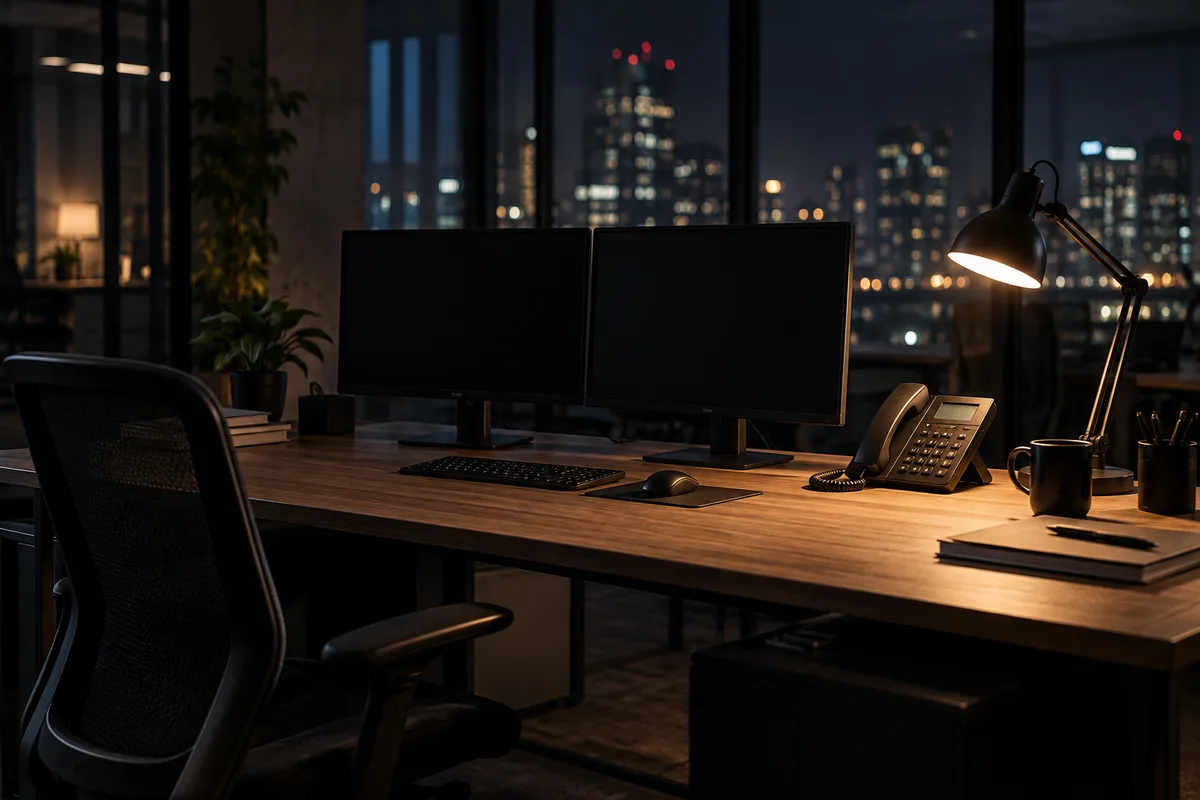 Poste de travail désert la nuit, deux écrans éteints et une lampe de bureau allumée près d&rsquo;un téléphone