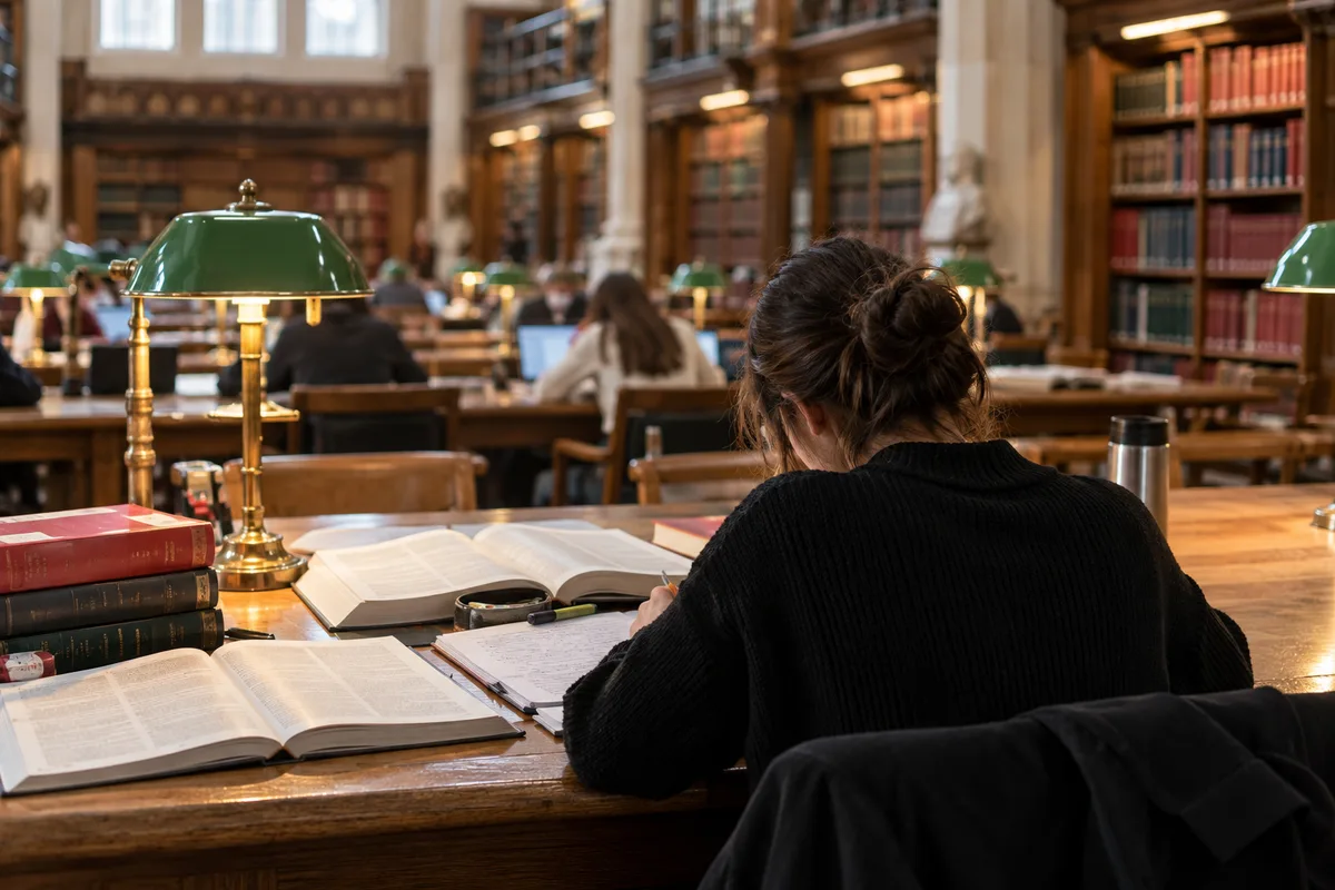 Étudiante de dos travaillant dans une bibliothèque universitaire avec codes ouverts et surligneurs
