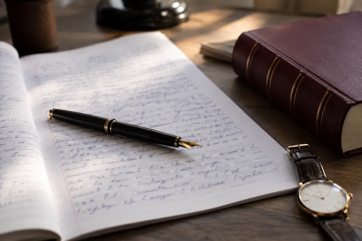 Cahier couvert d&rsquo;écriture manuscrite posé sur un bureau à côté d&rsquo;un code relié, d&rsquo;un stylo plume et d&rsquo;une montre