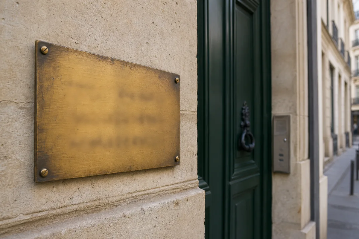 Plaque professionnelle en laiton gravée à l&rsquo;entrée d&rsquo;un immeuble haussmannien