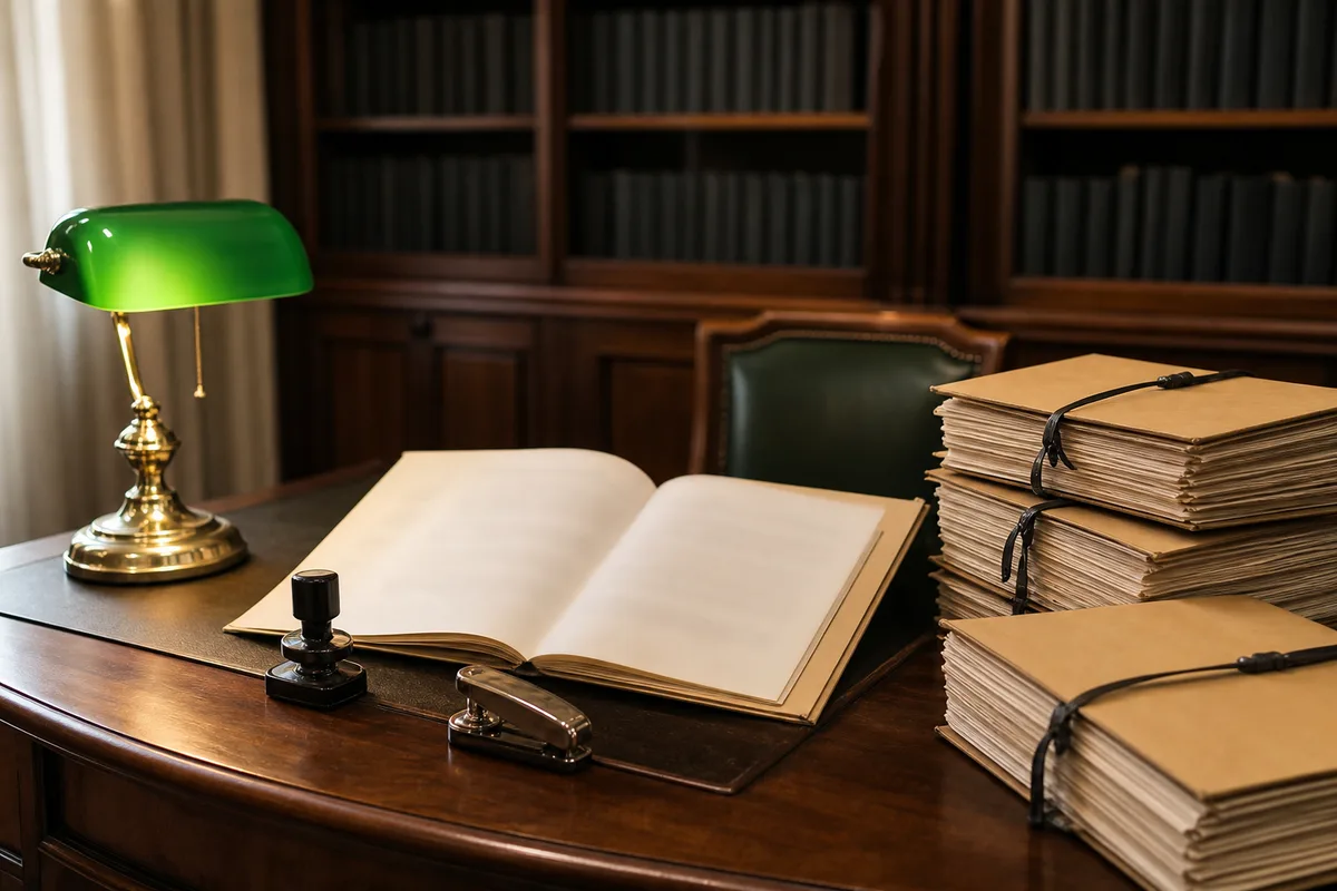 Bureau d&rsquo;un cabinet juridique français avec dossiers et lampe allumée