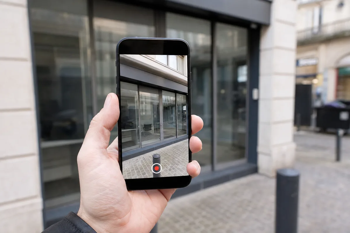 Smartphone filmant la façade vitrée d&rsquo;un cabinet dans une rue française