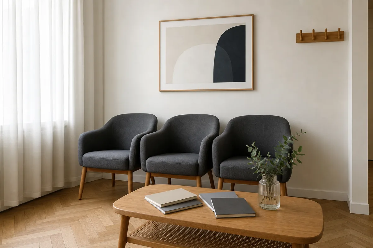 Salle d&rsquo;attente sobre d&rsquo;un cabinet libéral avec fauteuils et lumière naturelle