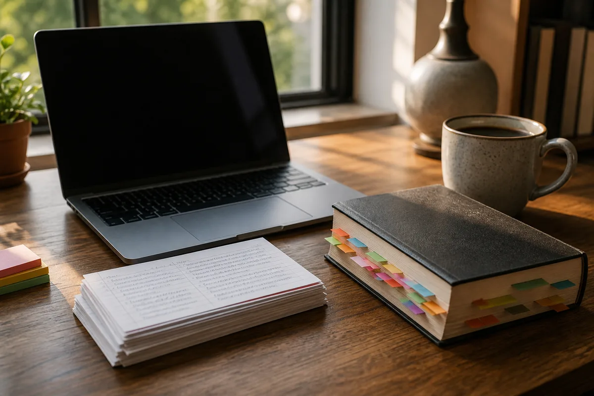 Bureau d&rsquo;étudiant avec code annoté, fiches manuscrites et ordinateur portable