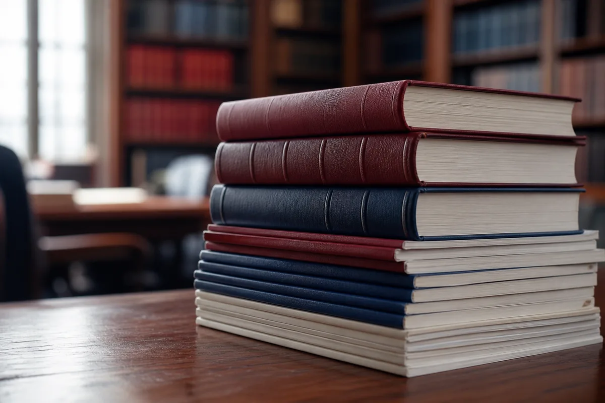 Pile de codes juridiques et de revues de doctrine sur une table de bibliothèque