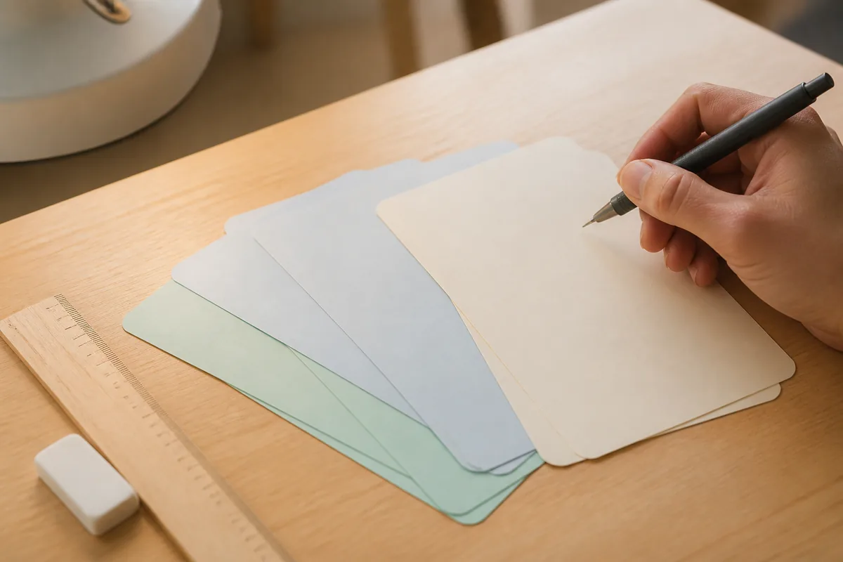 Fiches cartonnées de couleurs étalées sur une table de travail