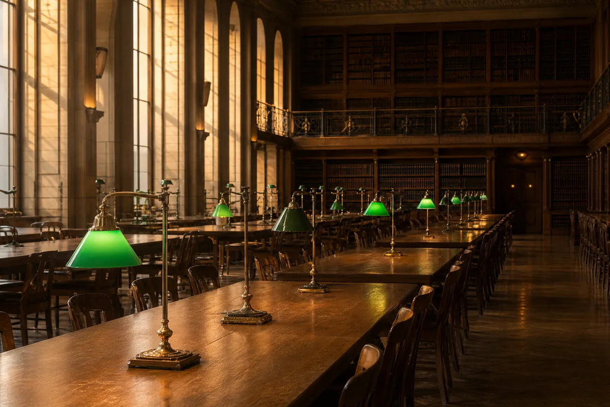 Salle de bibliothèque universitaire avec longues tables en bois