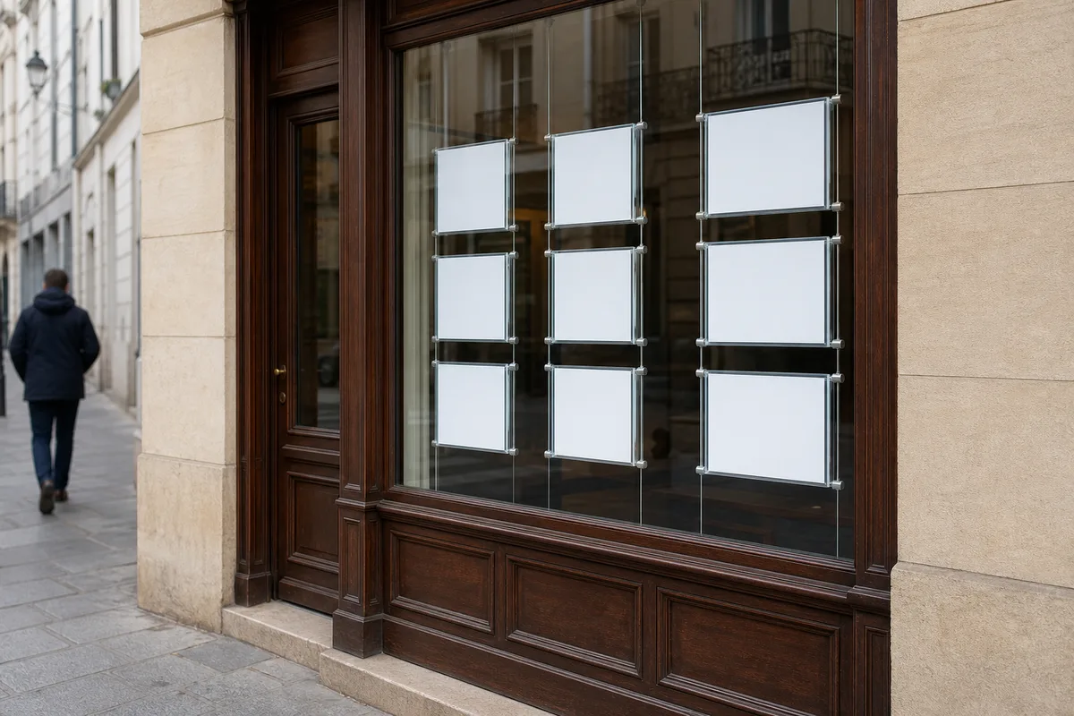 Vitrine d&rsquo;office notarial avec panneaux d&rsquo;annonces immobilières vierges et façade en pierre