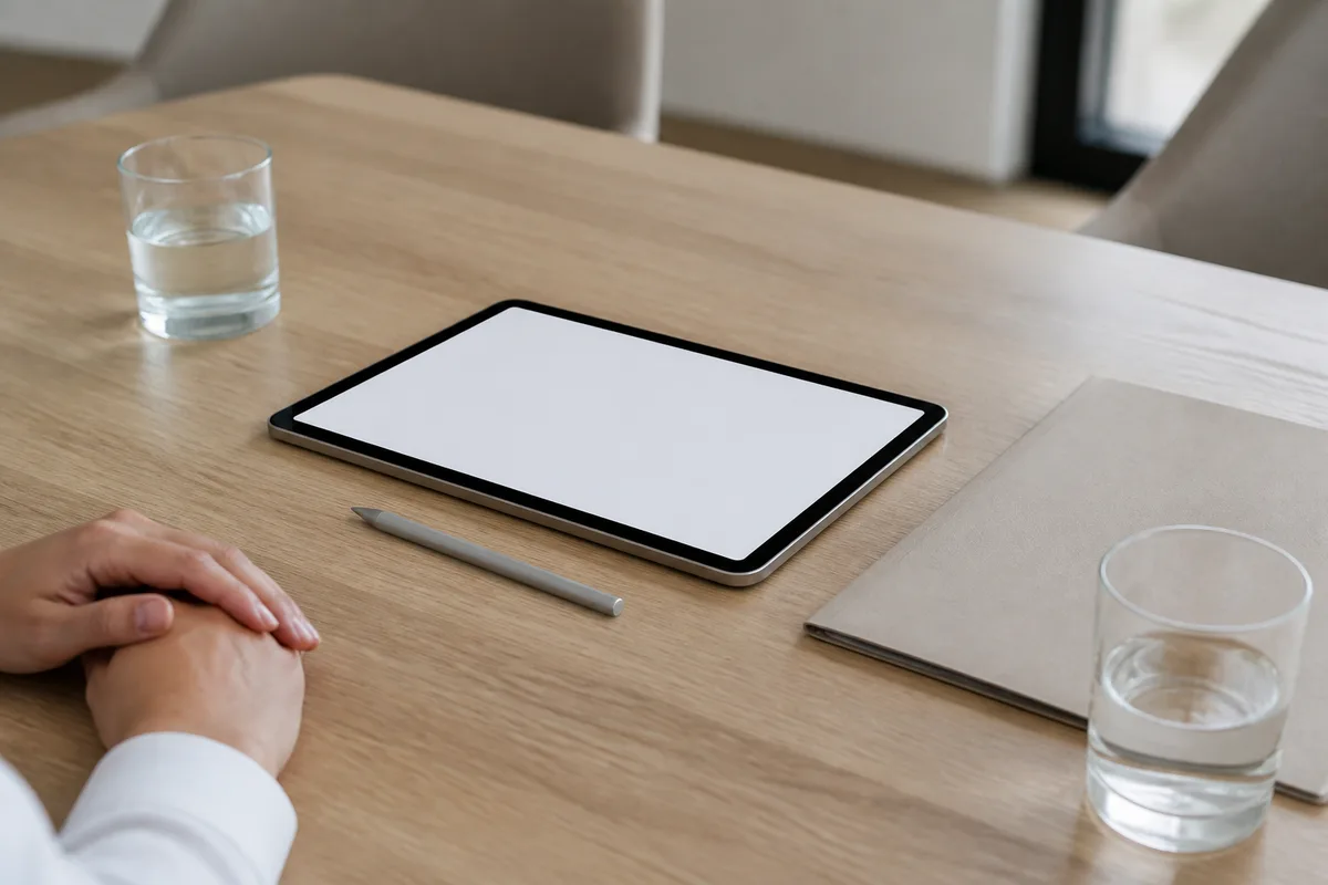 Écran de tablette de signature électronique vierge posé sur une table de réunion en bois clair