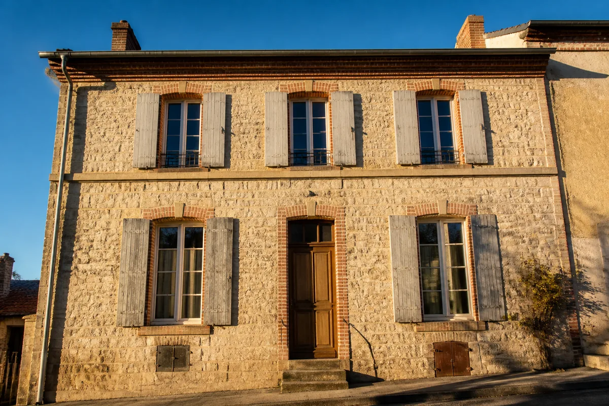 Façade en pierre claire d&rsquo;une maison ancienne photographiée avant sa mise en vente