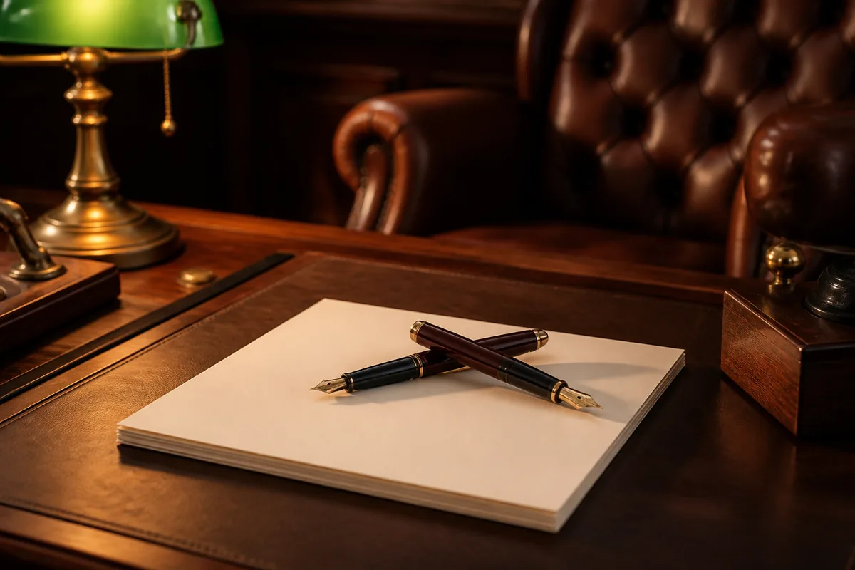 Bureau de notaire en bois sombre avec deux stylos posés sur des feuillets empilés