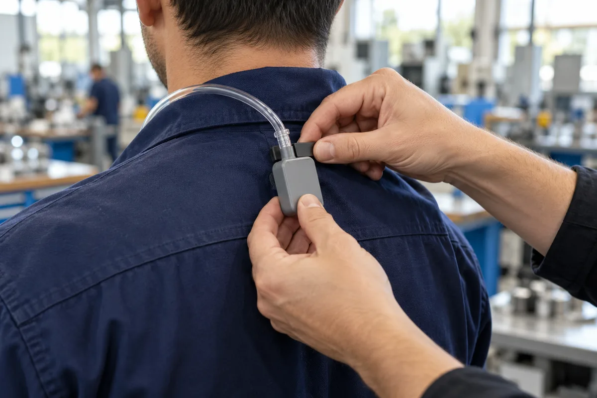 Mains fixant un boîtier de prélèvement d’air au col d’une veste de travail