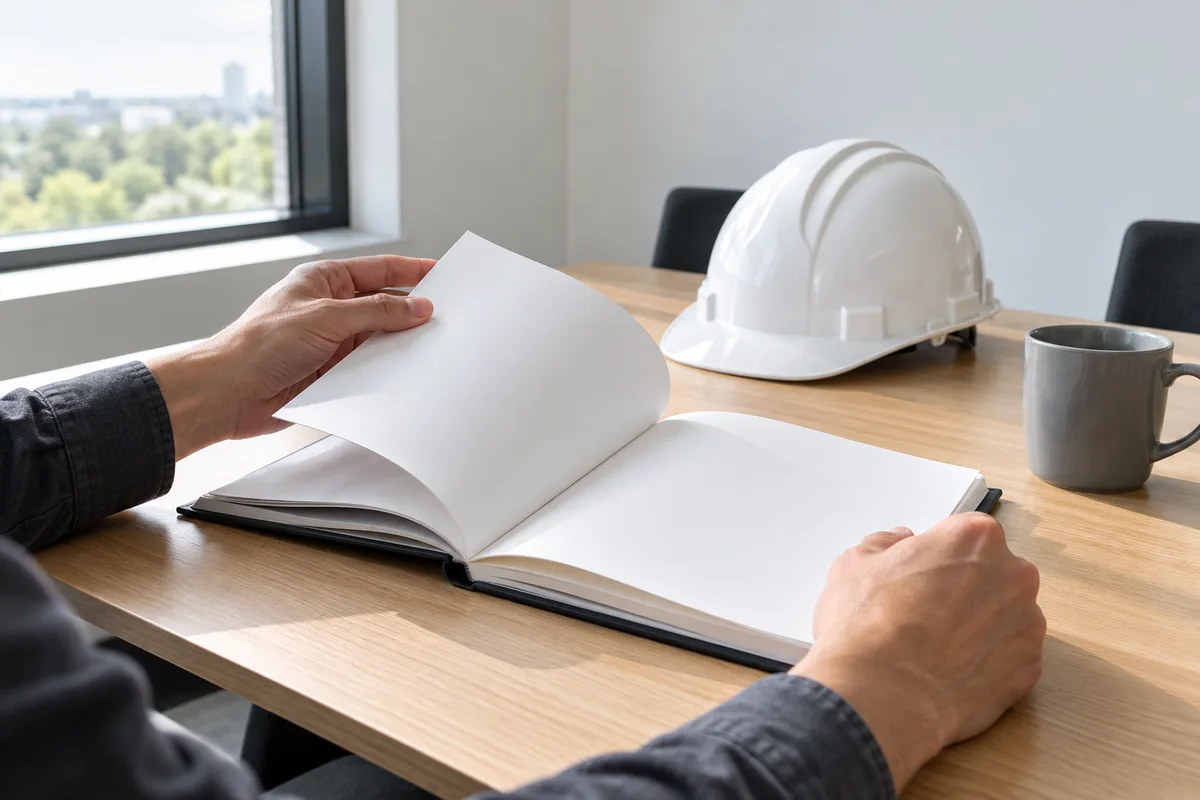 Mains feuilletant un registre aux pages vierges à côté d’un casque de protection blanc