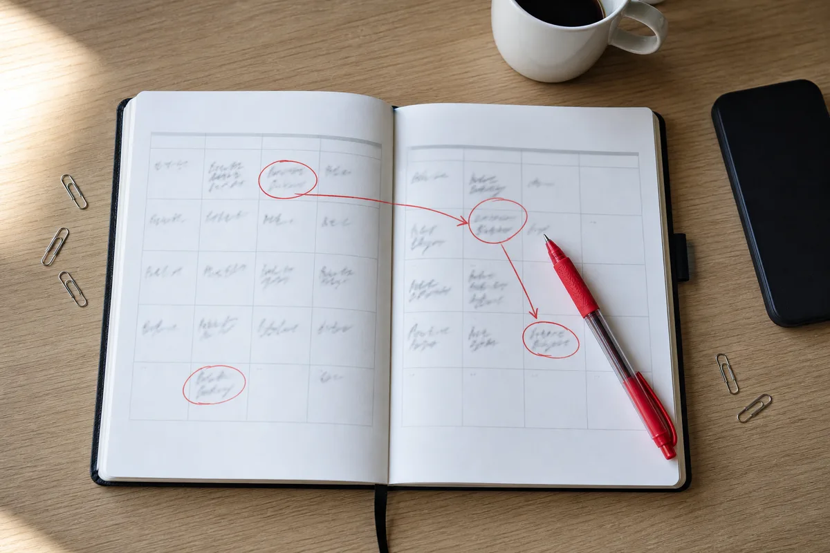 Agenda de bureau ouvert avec des dates entourées au stylo rouge près d&rsquo;une tasse de café